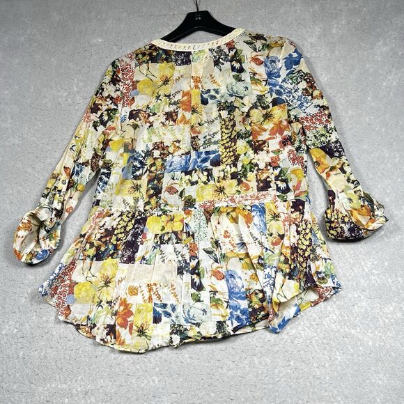Maeve Anthropologie Blouse 10 Floral Abella Pintuck  Roll Tab Sleeve Crochet - Picture 10 of 12
